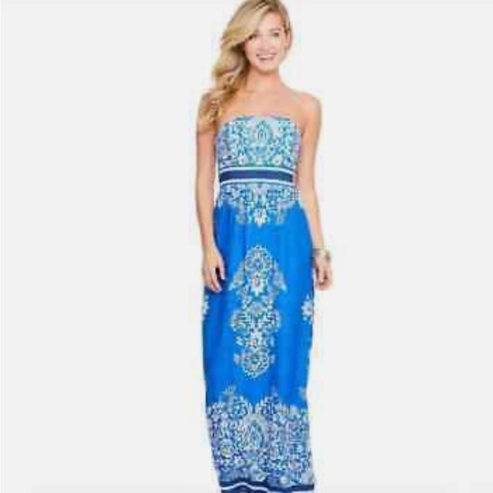 Vineyard Vines Strapless Blue and White Print Maxi Dress
